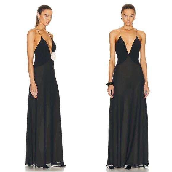 Helsa Sheer Deep V Rosette Long Slip Maxi Dress in Black Size Large - Picture 3 of 11